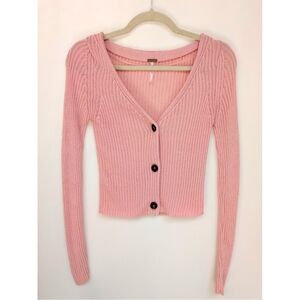 Free People Game On Bubble Gum Pink Ribbed Knit Cropped Cardigan Size Small
